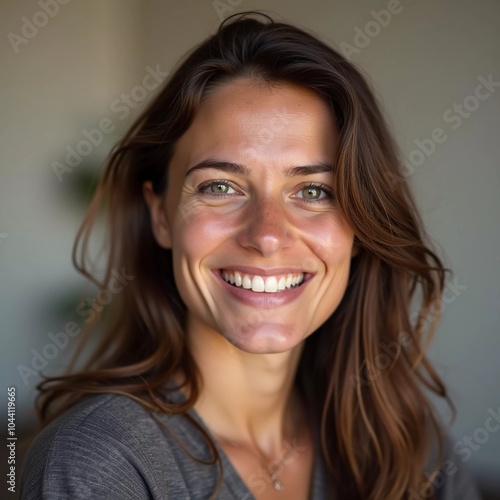 A smiling Caucasian young beautiful woman from France, embodying warmth and joy. Her relaxed demeanor and carefree expression convey a sense of happiness and approachability. Generative AI