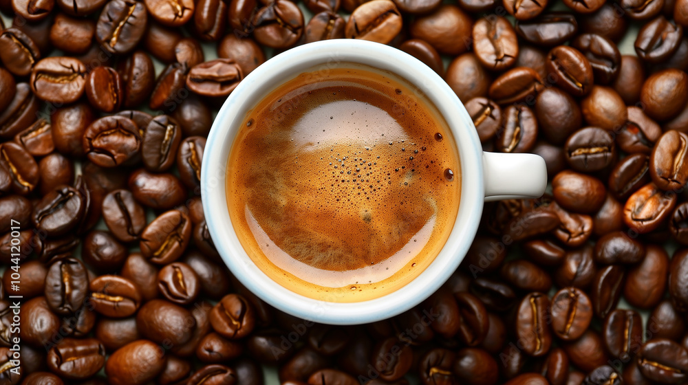Fototapeta premium A white coffee cup with a brown liquid in it sits on top of a pile of coffee bea