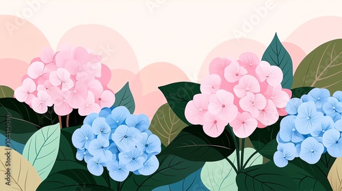 A vibrant illustration of pink and blue hydrangea flowers surrounded by lush green leaves, set against a soft, pastel background.