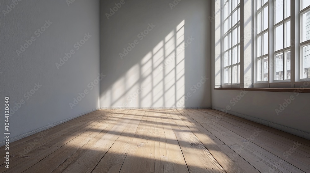 A blank light grey wall in a sun-drenched open office space, featuring wooden flooring and eco-friendly furniture. Mockup. 3D rendering A blank light grey wall in a sun-drenched open office space, featuring wooden flooring and eco-friendly furniture. Mockup. 3D rendering