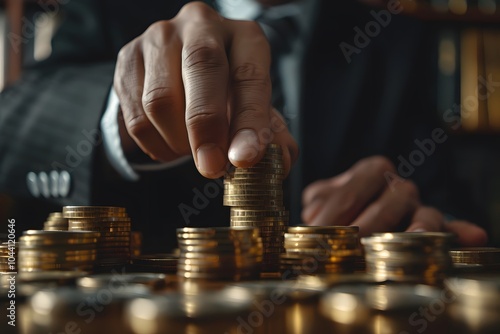 Building Wealth: A Close-Up of Hands Stacking Coins in a Professional Setting