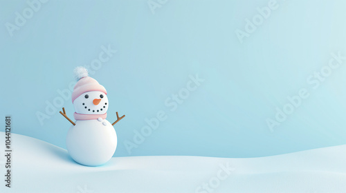 3D style of a minimal snowy scene with a snowman. Copy space for advertising text.