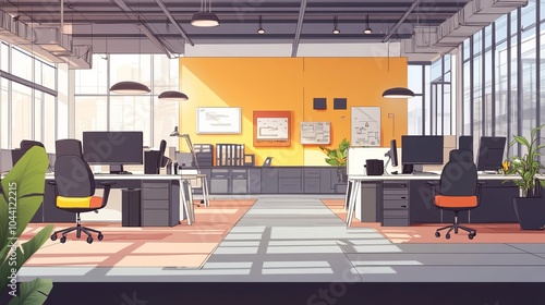 An illustrated rendering of a modern open-concept office space photo