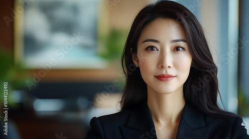 A confident female CEO exudes authority and professionalism in modern office setting. Her poised demeanor reflects leadership and determination, making her role model for aspiring professionals photo