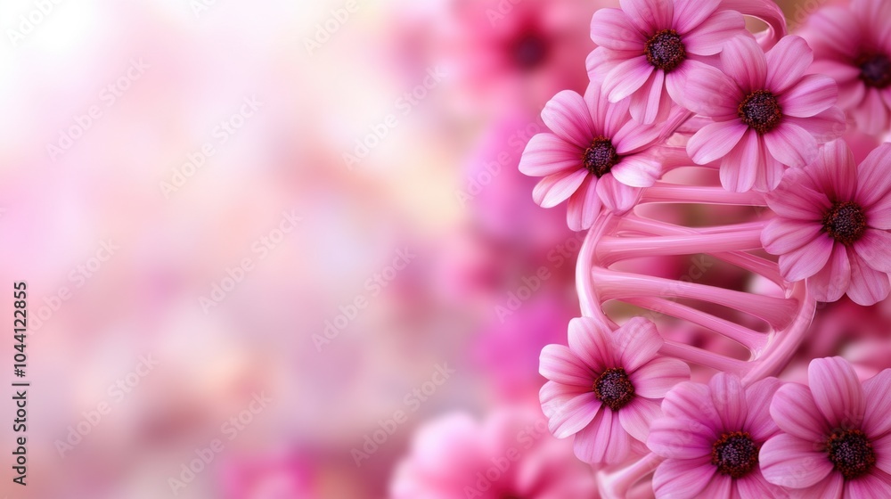 Fototapeta premium Pink flowers intertwine with a DNA helix, symbolizing the connection between nature and science, AI
