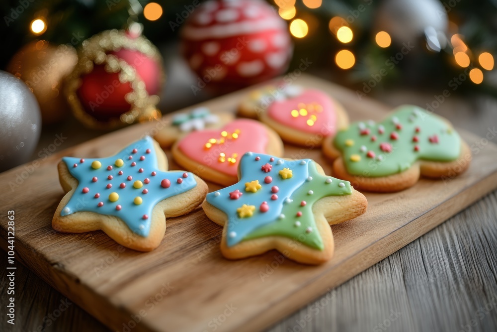 Christmas cookies with icing and sprinkles on a wooden table Christmas cookies with icing and sprinkles on a wooden table