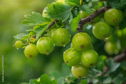 Fresh Green Gooseberries Glistening with Dew on a Branch