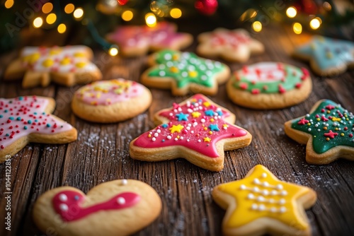 Festively decorated Christmas cookies on a rustic table