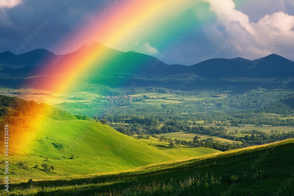 Fototapeta premium Rainbow stretching across a vast, open plain