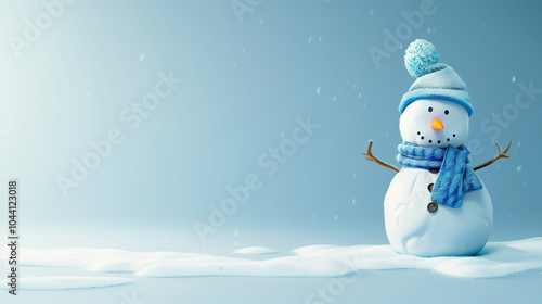 3D style of a minimal snowy scene with a snowman. Copy space for advertising text.