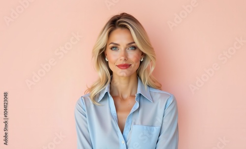 Blonde woman in light blue shirt, smiling, pink background with copy space - concept of beauty, confidence, and professionalism