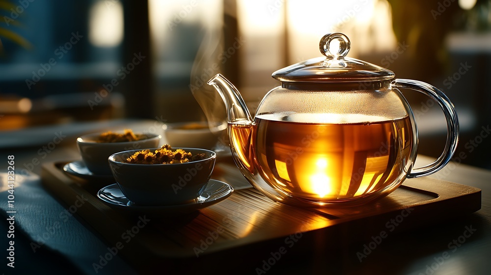 A glass teapot filled with hot tea sits on a wooden tray next to two bowls of dried tea leaves. A glass teapot filled with hot tea sits on a wooden tray next to two bowls of dried tea leaves.