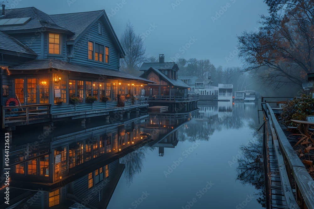 Fototapeta premium Tranquil Misty Evening by the Water: Charming Houses Reflecting in Calm Waters