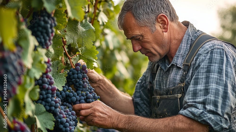 Obraz premium A man in a vineyard is checking the grapes.