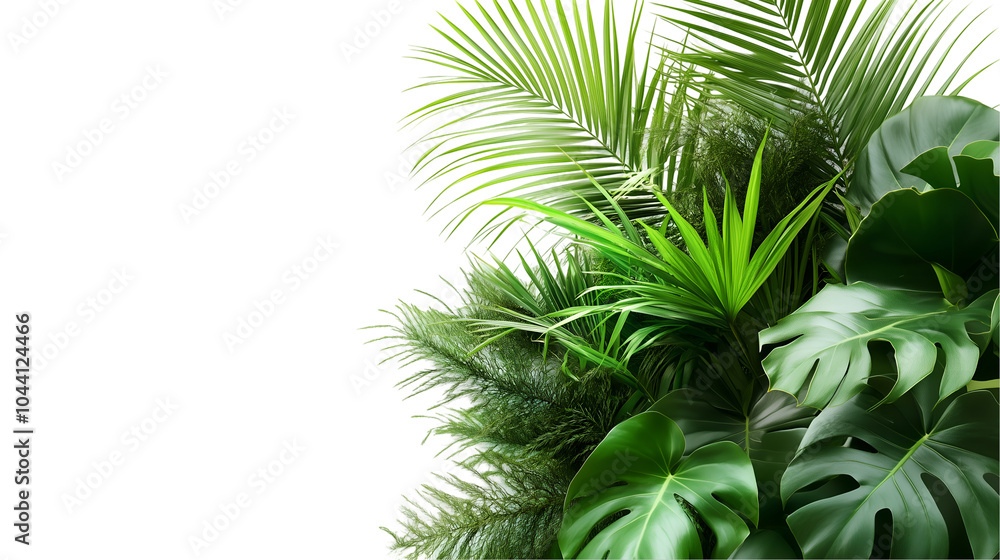 Tropical green leaves isolated on transparent background, featuring lush monstera and palm fronds, perfect for nature-themed designs and botanical compositions, cut out Tropical green leaves isolated on transparent background, featuring lush monstera and palm fronds, perfect for nature-themed designs and botanical compositions, cut out