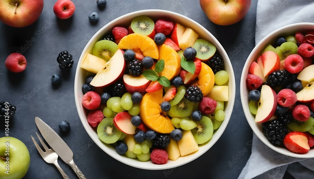 Colorful fruit salad with various berries and melons in a bowl, fresh, healthy snack Colorful fruit salad with various berries and melons in a bowl, fresh, healthy snack