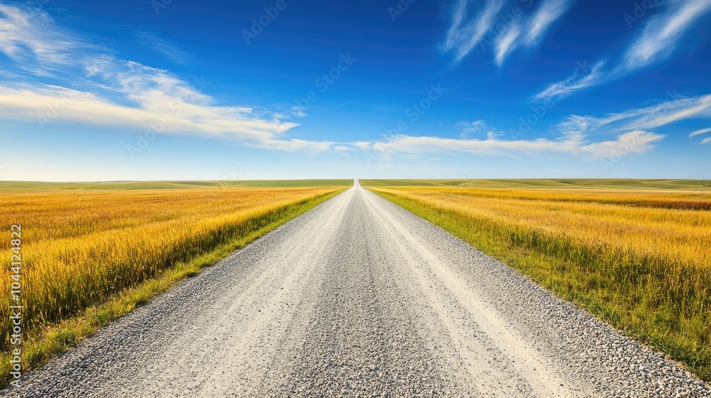 Naklejka premium Scenic Gravel Road Through Golden Meadow Landscape