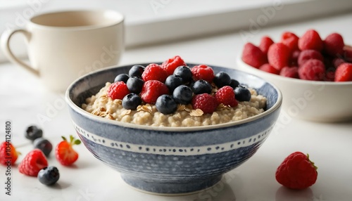 Healthy oatmeal bowl topped with fresh berries served with a cup of tea on a bright table 