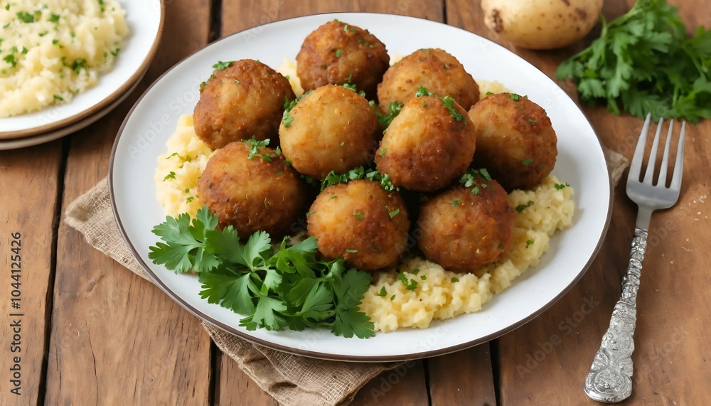 Crispy fried potato balls with herbs on a white plate and wooden table Crispy fried potato balls with herbs on a white plate and wooden table