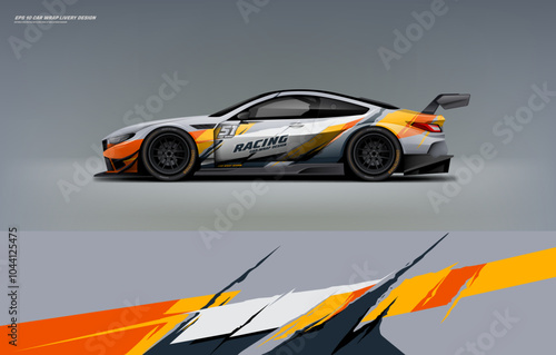 sporty racing graphics touch of orange lines Racing Car branding with racing wrap decal or livery design.