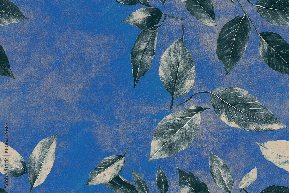 custom made wallpaper toronto digitalA Vibrant Seamless Pattern of Leaves Dancing Across a Serene Blue Backdrop in Nature's Artistry