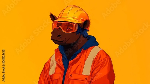 Anthropomorphic animal construction workers in hard hats and safety vests, working together on a building project, ideal for construction-themed stock imagery.