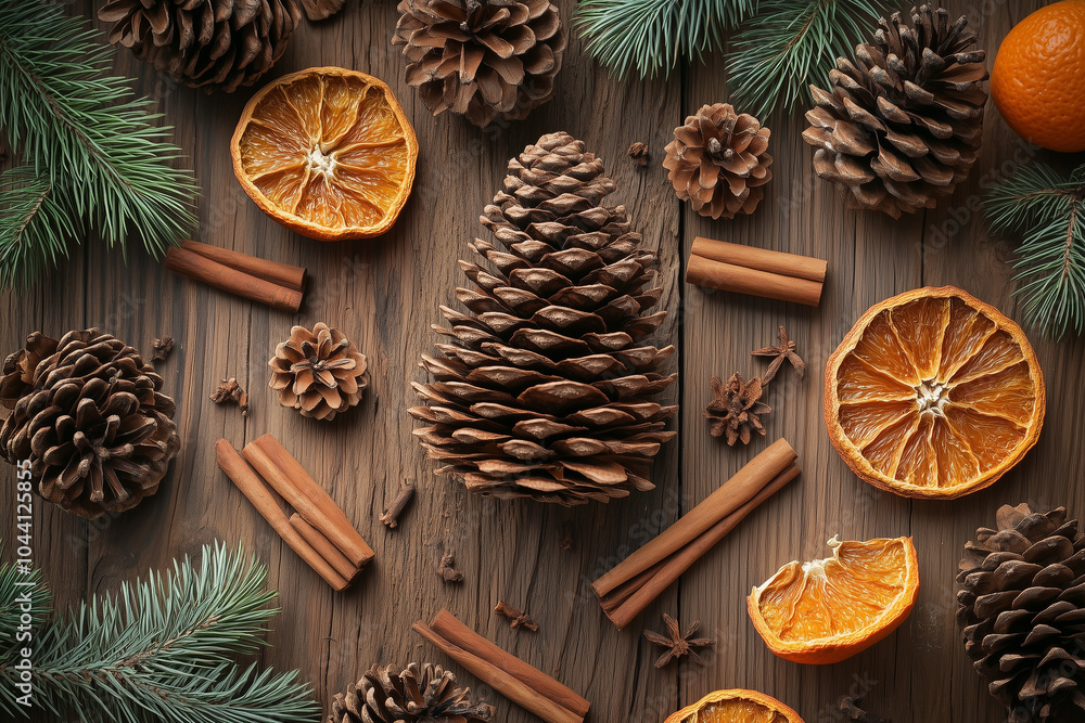 Pine cones arranged on a rustic wooden table Pine cones arranged on a rustic wooden table