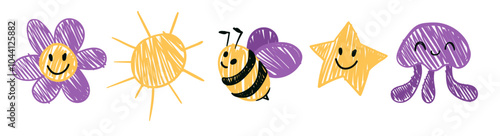 Cute crayon animal icon set, cute baby animal illustration, kids doodle scribbles with flower, bee, sun, star, jellyfish naive wax crayon art. Vector Cartoon hand drawn childish sketches.
