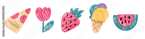 Doodle crayon icon set, naive wax crayon art, kids doodle scribbles with pizza, flower, ice cream, watermelon. Vector Cartoon-hand drawn childish sketches.