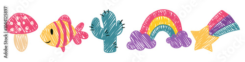 Cute crayon icon set, naive wax crayon art, kids doodle scribbles with mushroom, fish, cactus, rainbow, falling star. Vector Cartoon hand drawn childish sketches.