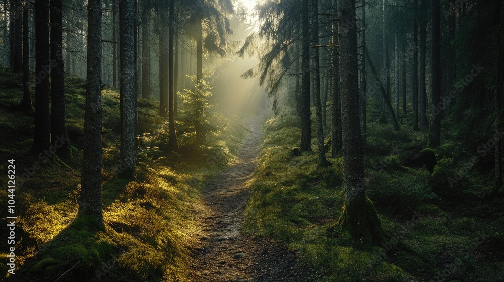 Obraz premium Tranquil Forest Pathway with Sunlight Rays