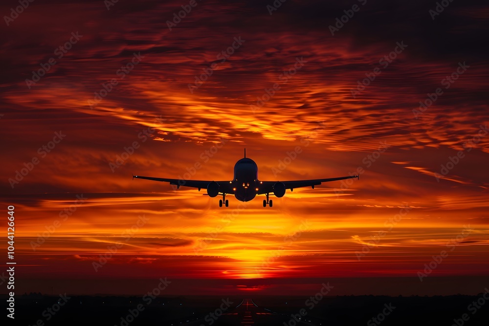 Majestic Sunset Silhouette of an Airplane in Flight Majestic Sunset Silhouette of an Airplane in Flight