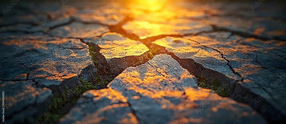 A close-up view of cracked earth bathed in warm sunset hues, highlighting the textures and details of the dry terrain, conveying a sense of arid beauty and nature's resilience. A close-up view of cracked earth bathed in warm sunset hues, highlighting the textures and details of the dry terrain, conveying a sense of arid beauty and nature's resilience.