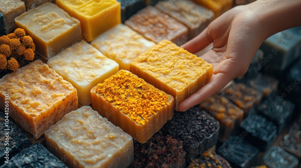 A diverse array of artisanal soaps invites touch and scent, reflecting craftsmanship and natural beauty in rich textures and colors. A diverse array of artisanal soaps invites touch and scent, reflecting craftsmanship and natural beauty in rich textures and colors.