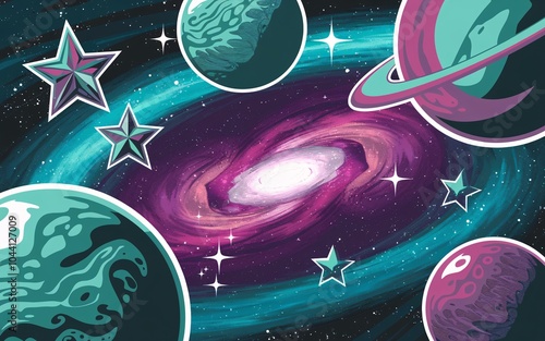 A vibrant illustration of a galaxy with planets and stars. photo