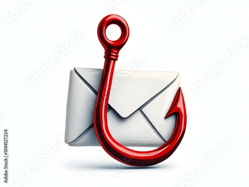 Cybersecurity phishing attack concept. Large fishing hook catching email icon photo