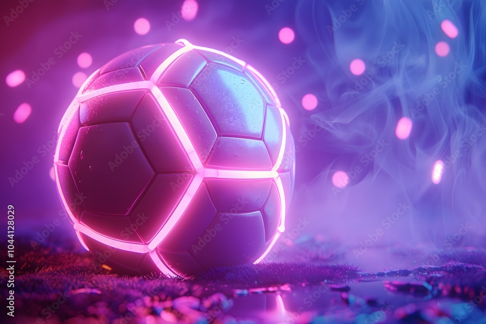 Naklejka premium Futuristic Neon Soccer Ball Surrounded by Colorful Mist