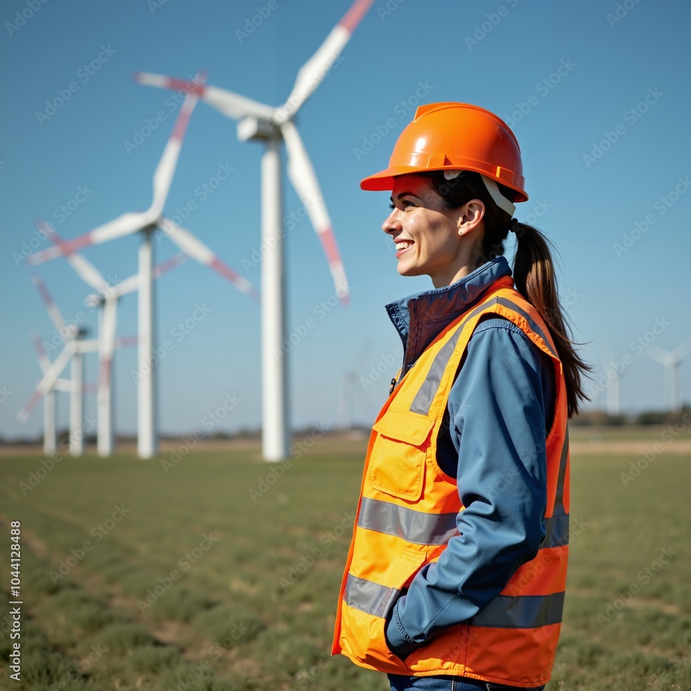 A female engineer in a hard hat and safety vest inspects a wind farm, standing in front of wind turbines. Ideal for themes of renewable energy, engineering, and sustainable technology.
A female engineer in a hard hat and safety vest inspects a wind farm, standing in front of wind turbines. Ideal for themes of renewable energy, engineering, and sustainable technology.