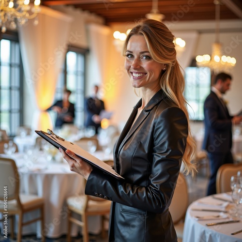 A smiling female event planner checks a clipboard while organizing a formal event in a beautifully decorated venue. Ideal for themes of event planning, coordination, and hospitality.
