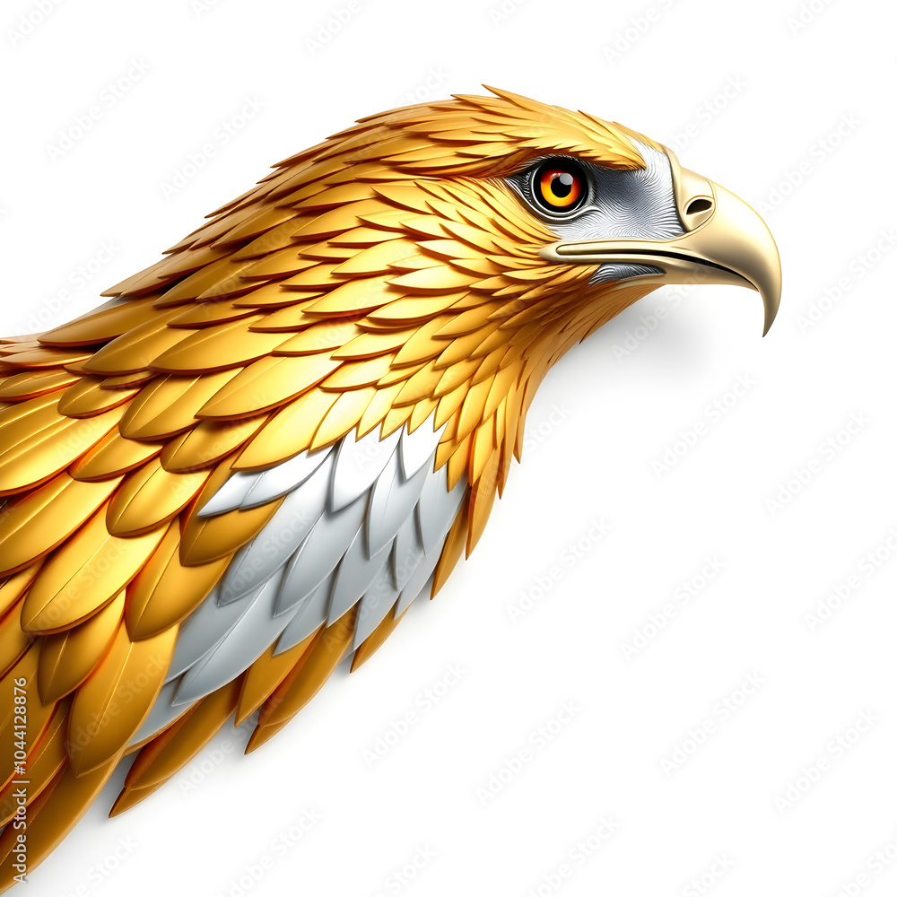 Fototapeta premium Hawk metallic 3D image of golden hawk on white background. Generative AI