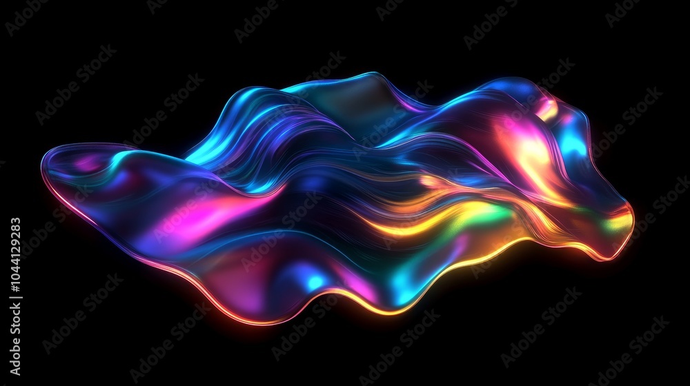 Naklejka premium 3D fluid holographic wave in motion on a dark background.