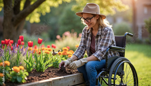 A disabled woman tends to her raised beds in her garden