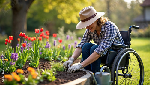 A disabled woman tends to her raised beds in her garden