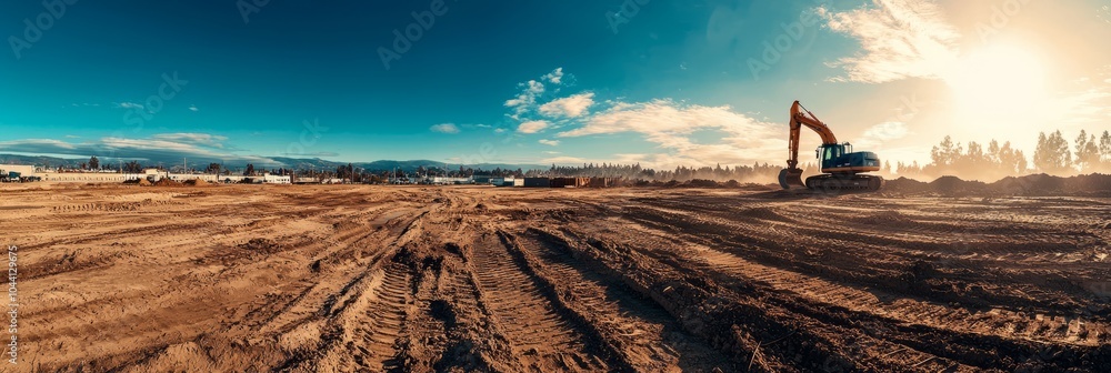 © Adames Art Studio - Excavator on a construction site with a bright blue sky.
