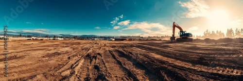 Excavator on a construction site with a bright blue sky.