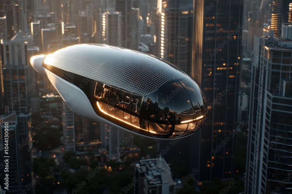 A sleek, futuristic pod aerial vehicle navigates above a modern urban skyline, symbolizing transportation advancements and technological changes in city life. A sleek, futuristic pod aerial vehicle navigates above a modern urban skyline, symbolizing transportation advancements and technological changes in city life.