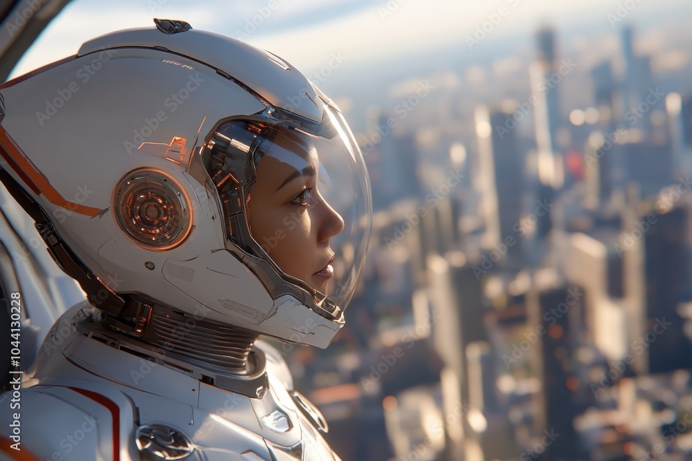 A futuristic astronaut gazes out over a sprawling cityscape, wearing a high-tech helmet blending seamlessly with the urban skyline in the background. A futuristic astronaut gazes out over a sprawling cityscape, wearing a high-tech helmet blending seamlessly with the urban skyline in the background.