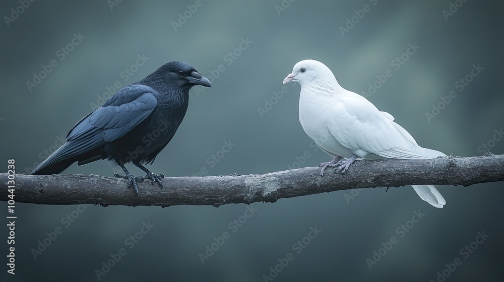 White Dove and Black Crow on a Branch White Dove and Black Crow on a Branch