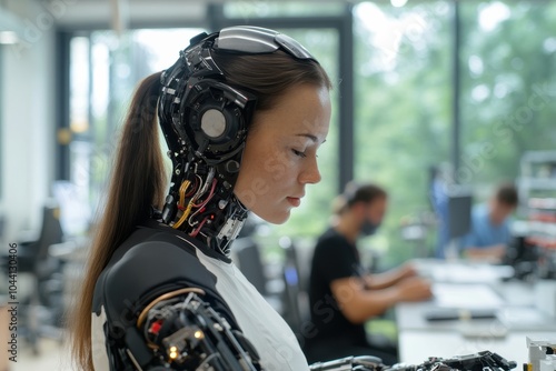 A futuristic female cyborg with humanlike features stands beside a window, showcasing advanced robotics and artificial intelligence technology within. photo