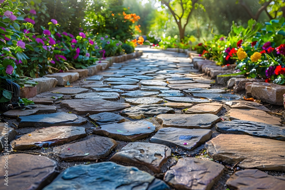 Naklejka premium Serene Garden Pathway Surrounded by Vibrant Flowers